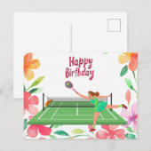 テニスの女子プレーヤーと花の誕生日 ポストカード (正面/裏面)