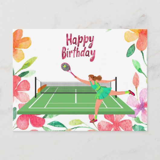 テニスの女子プレーヤーと花の誕生日 ポストカード (正面)