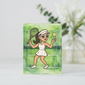 テニスの女性がテニスをプレイ中 ポストカード (スタンド正面)