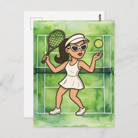 テニスの女性がテニスをプレイ中 ポストカード (正面/裏面)