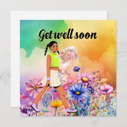 テニスの女性選手が花でじきに元気になる (正面/裏面)