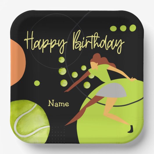 テニスの女遊は黄色のハッピーバースデー ペーパープレート (正面)