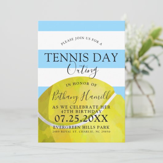 テニスの日の外出|テニスをテーマにした青い招待状 招待状 (スタンド正面)