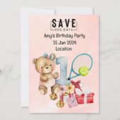 テニスの最初の誕生日パーティーの日付を保存 招待状 (正面)