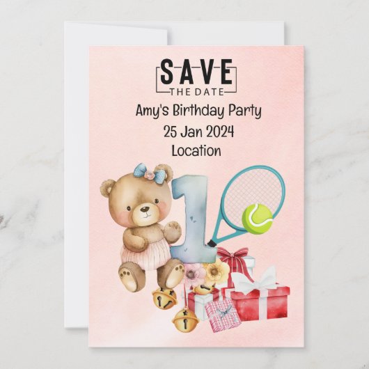 テニスの最初の誕生日パーティーの日付を保存 招待状 (正面)