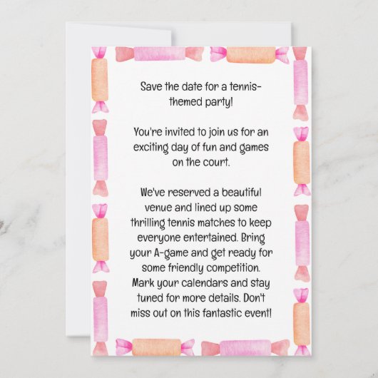 テニスの最初の誕生日パーティーの日付を保存 招待状 (裏面)