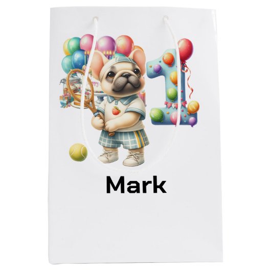 テニスの第1回愛犬の誕生日 ミディアムペーパーバッグ (正面)