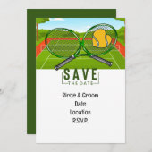 テニスの結婚式ボールとラケットで日付を保存 招待状 (正面/裏面)