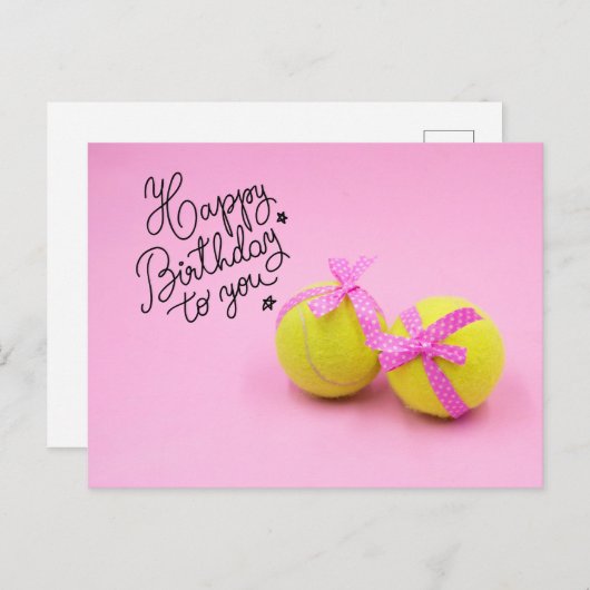 テニスの誕生日おめでとう ボールとラケット ピンク ポストカード (正面/裏面)
