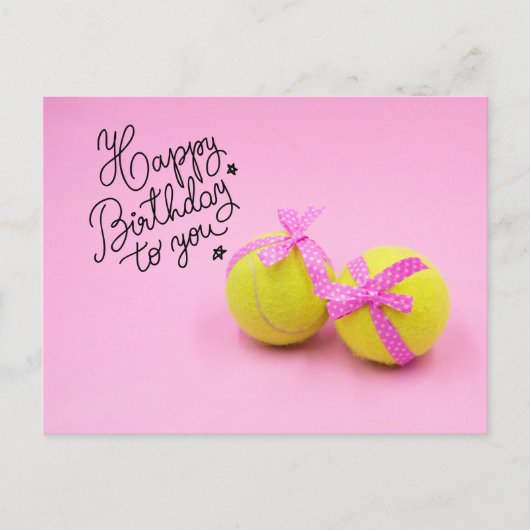 テニスの誕生日おめでとう ボールとラケット ピンク ポストカード (正面)