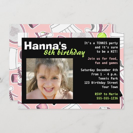 テニスの誕生日のパーティの招待状のピンク 招待状 (正面/裏面)