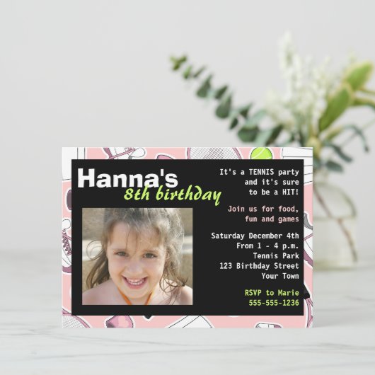 テニスの誕生日のパーティの招待状のピンク 招待状 (スタンド正面)