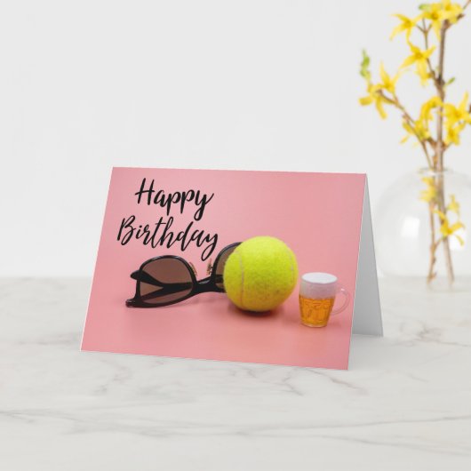 テニスの誕生日カードとピンク色のビール カード (黄色い花)