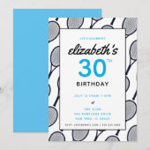 テニスの誕生日パーティー ブラック ブルー カスタム 招待状 (正面/裏面)