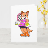 テニスをする猫 テニスラケットを持って カード (黄色い花)