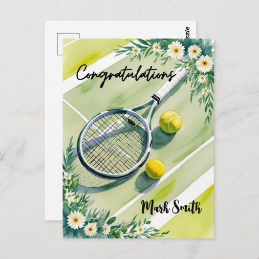 テニスをテーマにしたお祝いのボールと花 ポストカード (正面/裏面)
