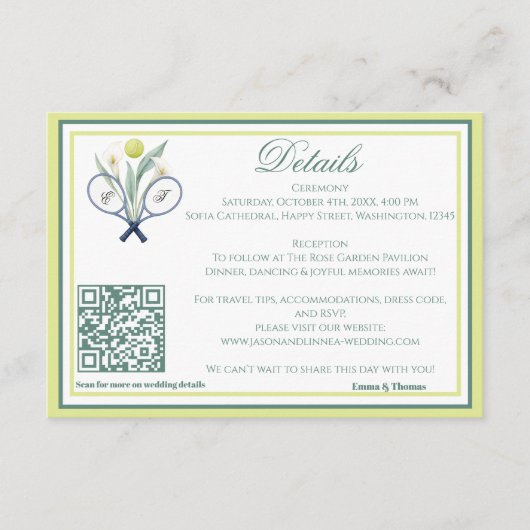 テニスをテーマにしたテニ結婚スコアのグリーンライムカラー エンクロージャーカード (正面)