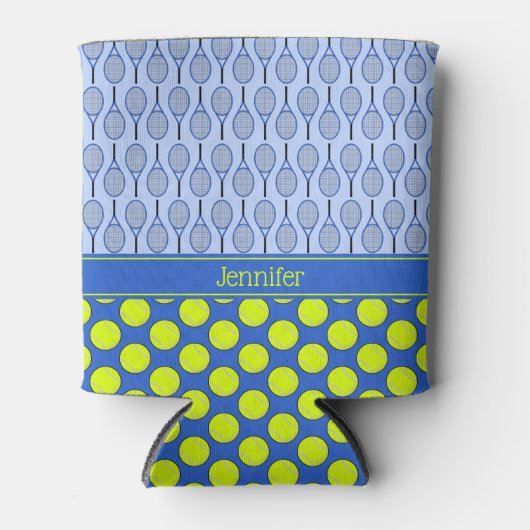 テニスをテーマにしたパターン名前をカスタムするブルー 缶クーラー (正面)