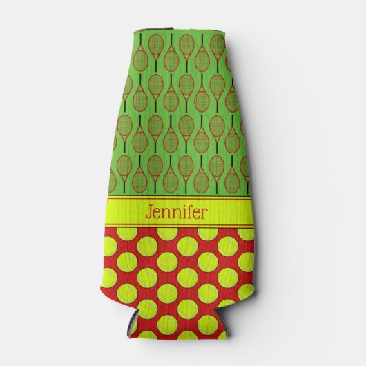 テニスをテーマにしたパターン名前をカスタムする赤 ボトルクーラー (正面)