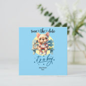 テニスをテーマにしたベビーシャワー招待状 – ブルー&おもしろい セーブザデート (スタンド正面)