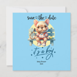 テニスをテーマにしたベビーシャワー招待状 – ブルー&おもしろい セーブザデート