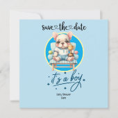 テニスをテーマにしたベビーシャワー招待状 – ブルー&おもしろい セーブザデート (正面)