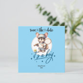 テニスをテーマにしたベビーシャワー招待状 – ブルー&おもしろい セーブザデート (スタンド正面)