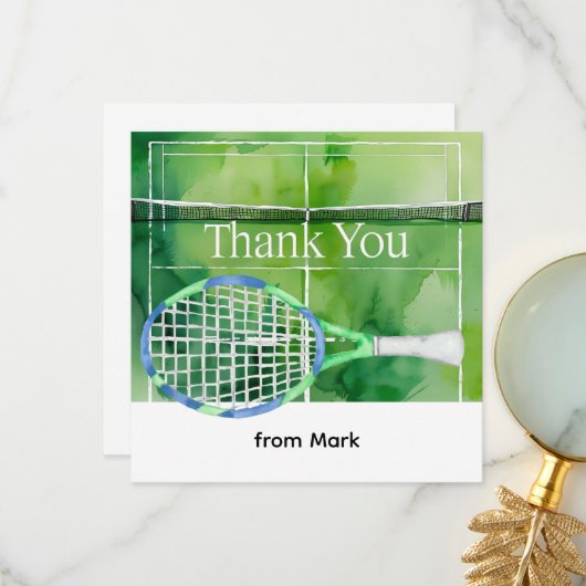 テニスをテーマにした水カラースタイル サンキューカード (正面/裏面インサイチュ)