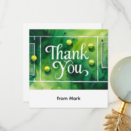 テニスをテーマにした水カラースタイル サンキューカード (正面/裏面インサイチュ)