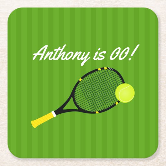 テニスをテーマにした誕生日パパーソナライズされたーティ スクエアペーパーコースター (正面)