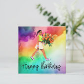 テニスウーマン花束誕生日 カード (スタンド正面)