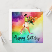 テニスウーマン花束誕生日 カード (正面/裏面インサイチュ)