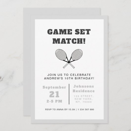 テニスエレガントテーマキッズボーイズバースデーパーティーグレー 招待状 (正面/裏面)