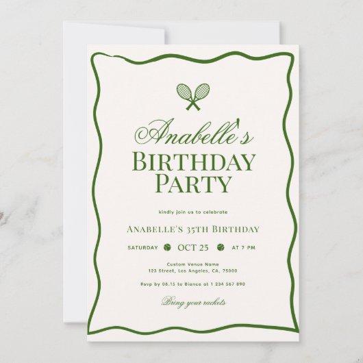 テニスエレガントテーマキッドまたは大人の誕生日パーティー 招待状 (正面)