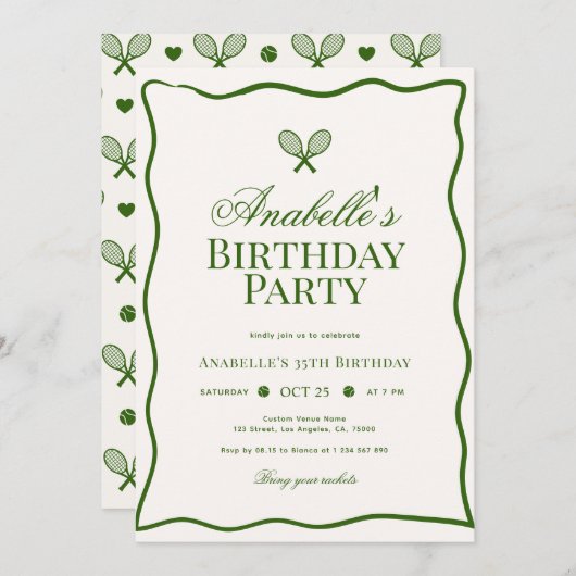 テニスエレガントテーマキッドまたは大人の誕生日パーティー 招待状 (正面/裏面)