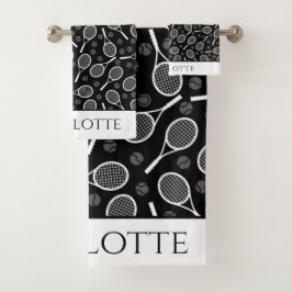 テニスエレガントボールラケットパタスタイリッシューンブラック バスタオルセット