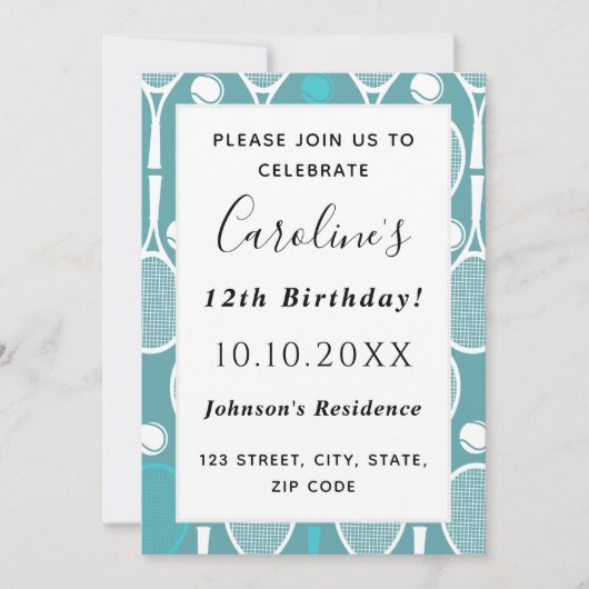 テニスエレガントラケット&ボールかわいらしスポーツテーマ 招待状 (正面)