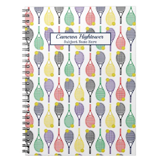 テニスカラフルラケットボールパターン名件名 ノートブック (正面)