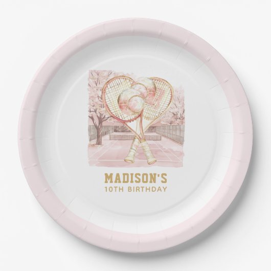 テニスガールエレガント誕生日パーソナライズされた ペーパープレート (正面)