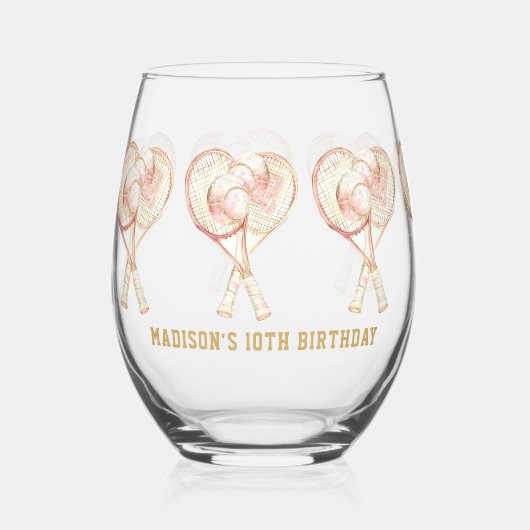 テニスガール誕生日パーソナライズされたウォーターカラー ステムなしワイングラス (正面)