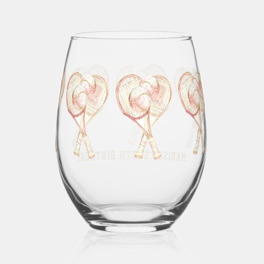 テニスガール誕生日パーソナライズされたウォーターカラー ステムなしワイングラス (裏面)