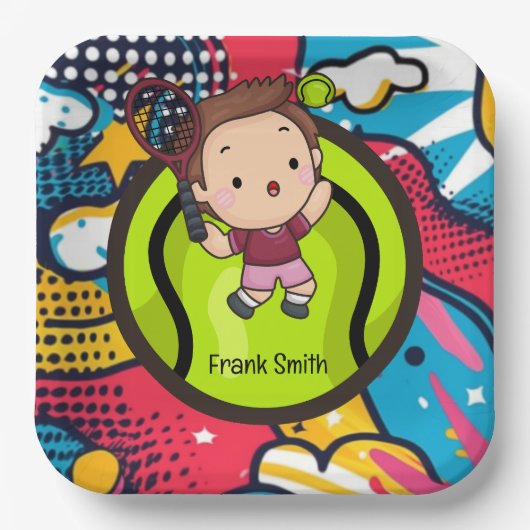 テニスキッド誕生日パーティー抽象芸術背景ページ ペーパープレート (正面)