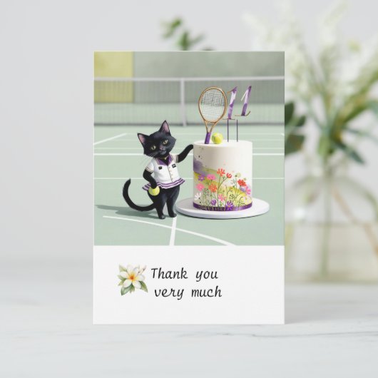 テニスキャットプレーヤーでコートの水彩 サンキューカード (スタンド正面)