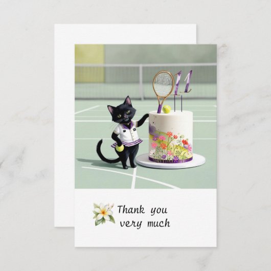 テニスキャットプレーヤーでコートの水彩 サンキューカード (正面/裏面)