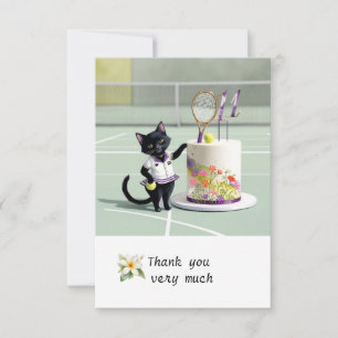 テニスキャットプレーヤーでコートの水彩 サンキューカード