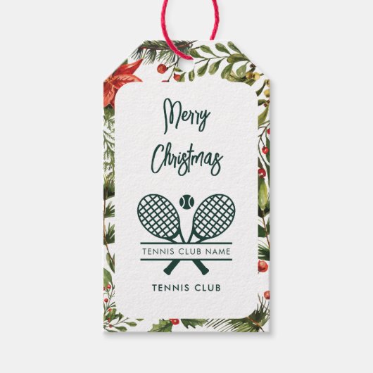 テニスクラブネームボタニカルクリスマスホリデー ギフトタグ (正面)