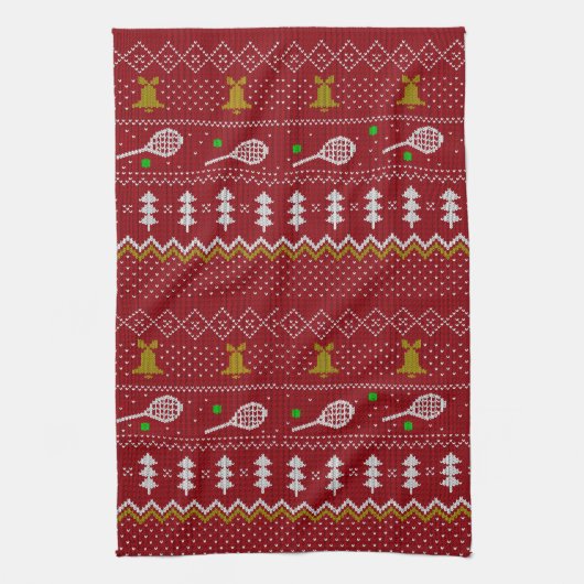 テニスクリスマスセーター編み模様レッドクリスマス キッチンタオル (縦)