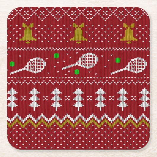 テニスクリスマスセーター編み模様レッドクリスマス スクエアペーパーコースター (正面)