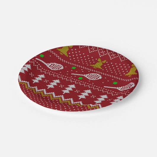 テニスクリスマスセーター編み模様レッドクリスマス ペーパープレート (アングル)