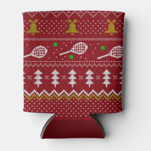 テニスクリスマスセーター編み模様レッドクリスマス 缶クーラー (正面)